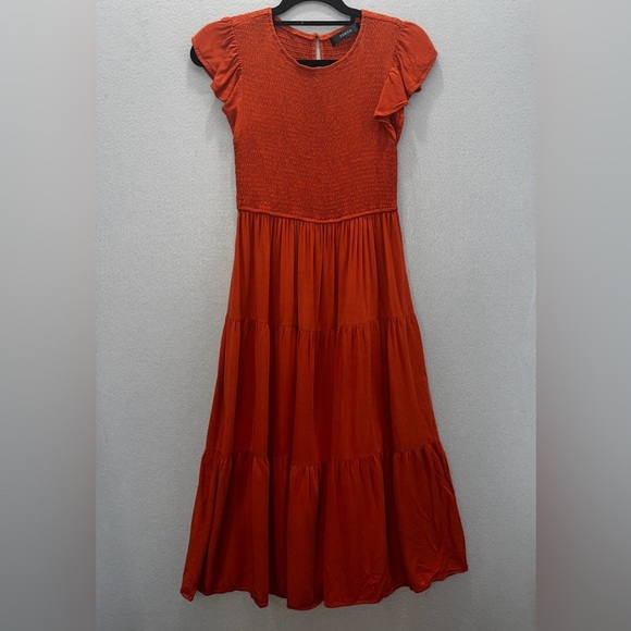 ZESICA 2025 Summer Casual Flutter Sleeve Smocked Elastic Waist Tiered Midi Dress - Picture 7 of 7